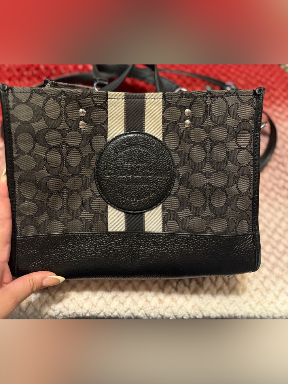 Coach Black and Cream Signature Stripe Tote